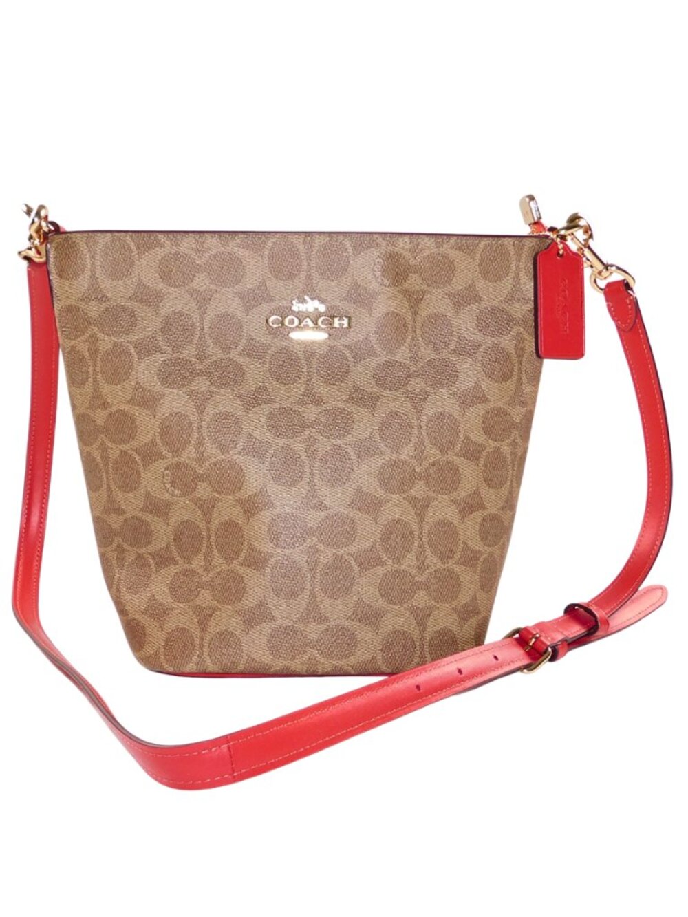 Coach Signature Crossbody Bag Tan Brown Red Leather Strap Purse NWOT